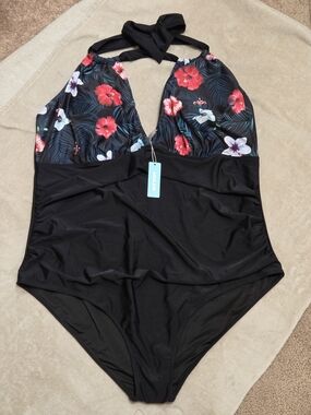 Aqua Eve One Piece Swimsuit 26W Plus Size Black Floral Tummy Control Halter